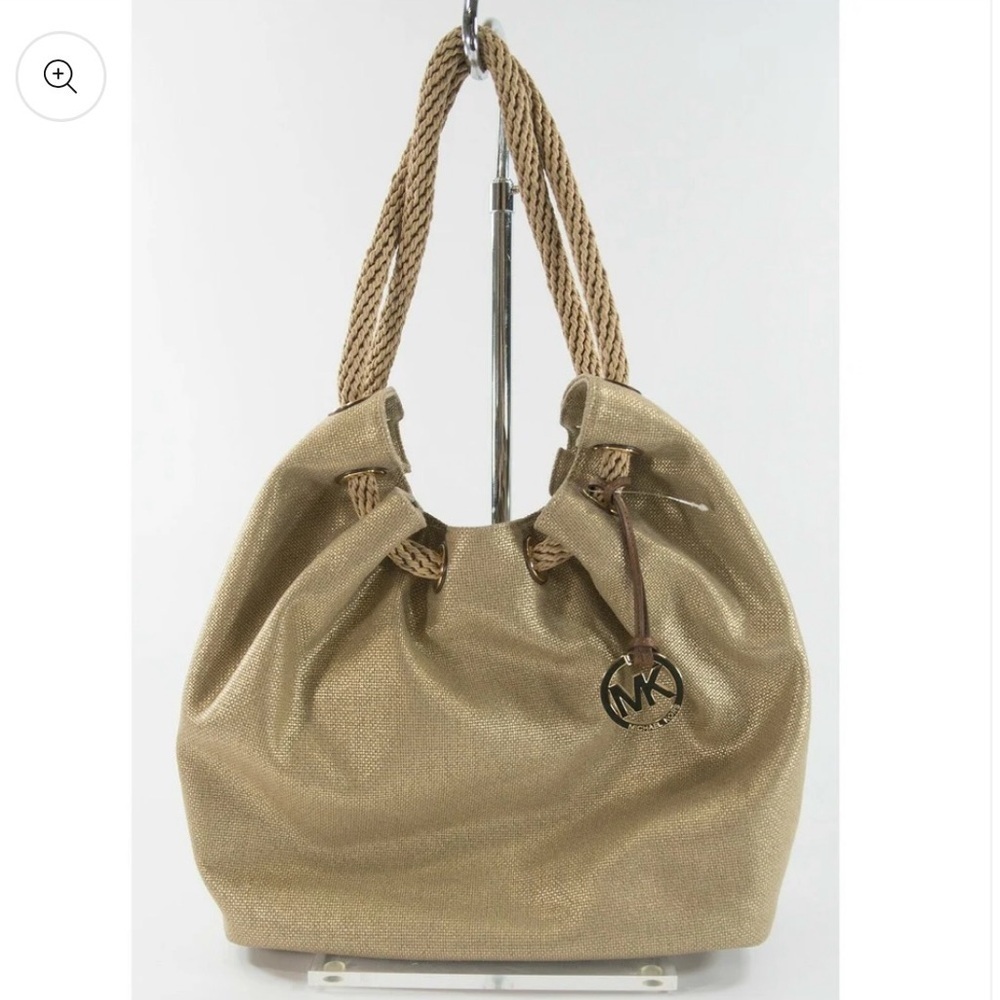 Michael Kors Marina Gathered Drawstring Gold Metallic Shimmer Hobo Shoulder Bag.